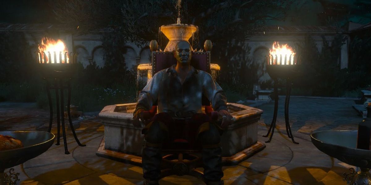 Witcher 3 Extreme Cosplay a figure sits near a fountain