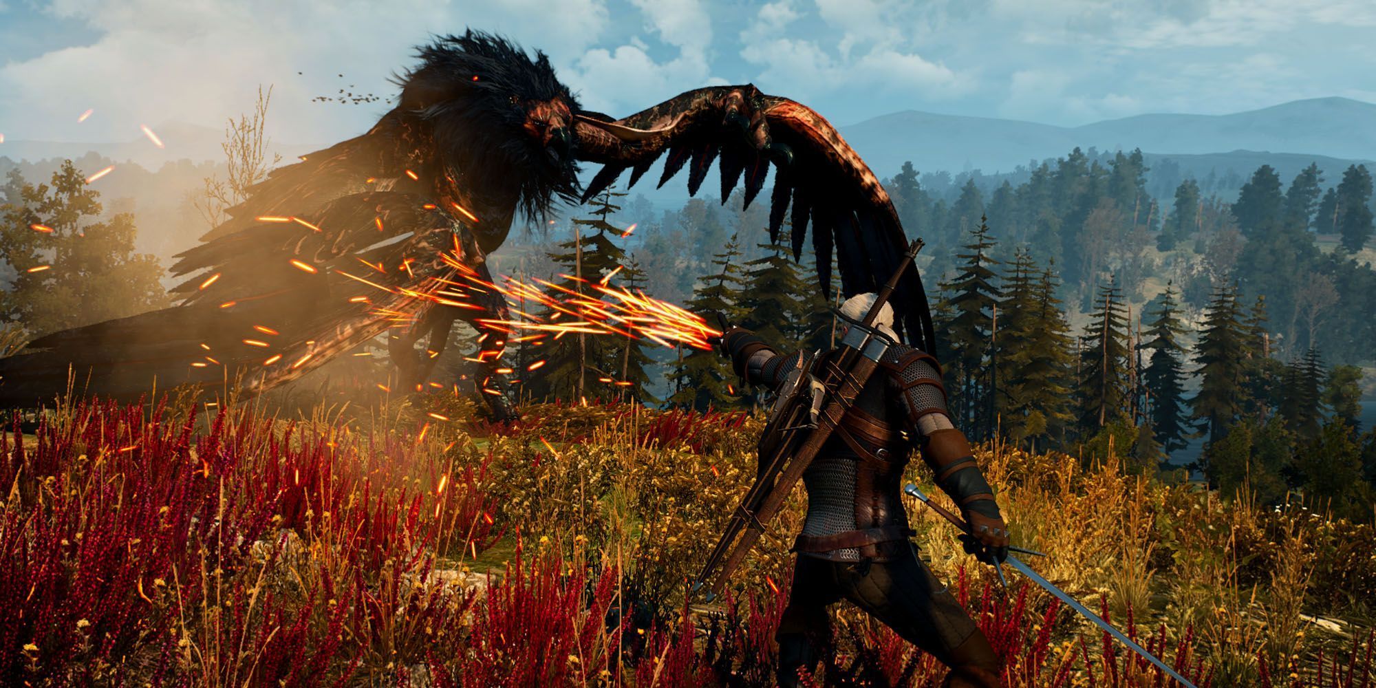 The Witcher 3: Geralt of Rivia Fighting Gryphon in Field