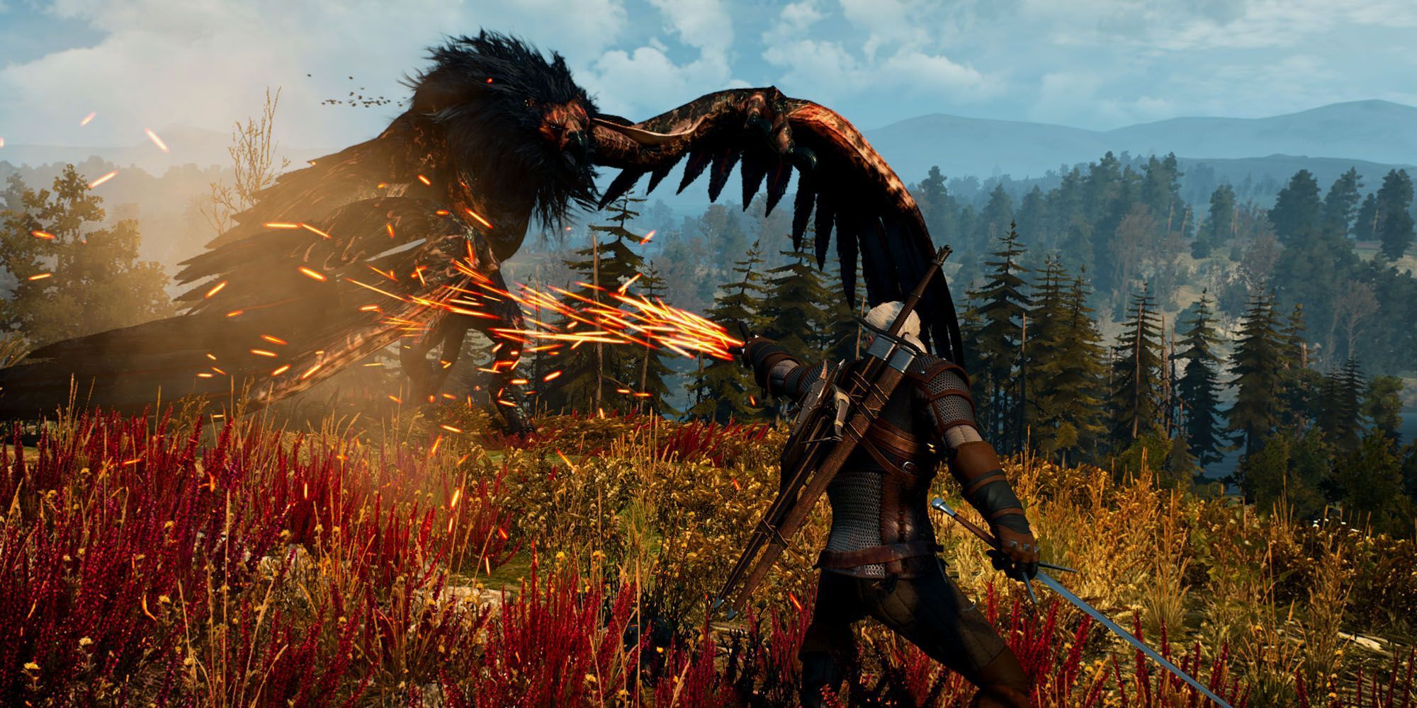 The Witcher 3 - Geralt of Rivia Fighting Gryphon in a field with Igni.