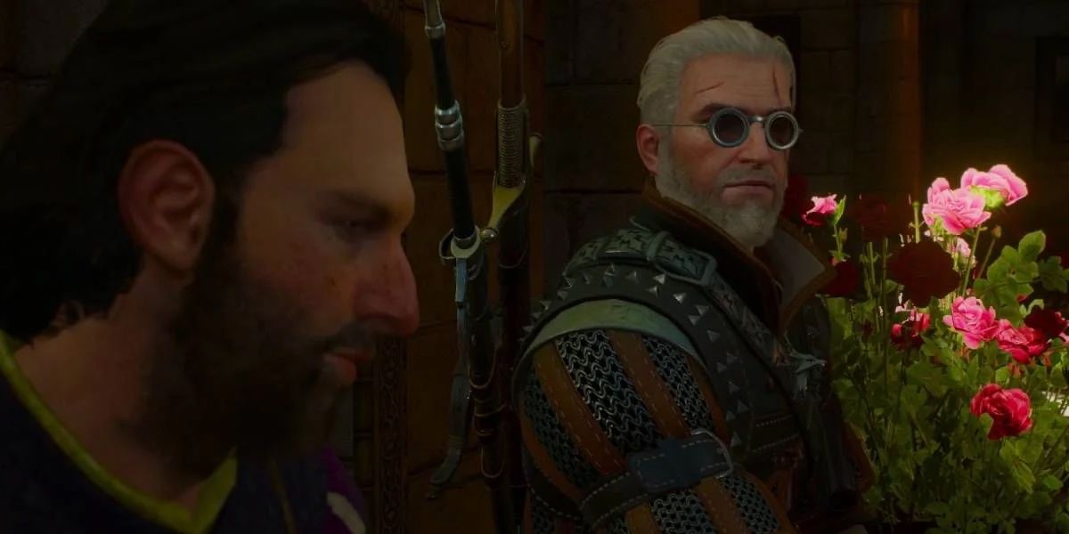 Witcher 3 Paperchase geralt looks at an NPC while wearing glasses