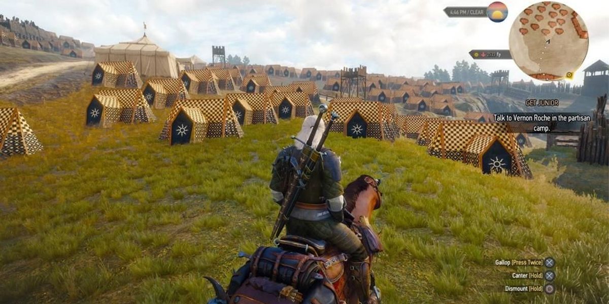 Witcher 3 geralt riding horse through war camp