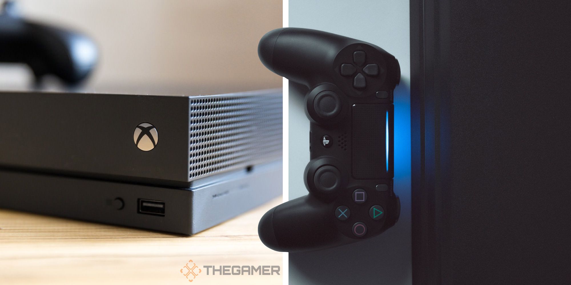 Split image of Xbox One X and PS4 Pro