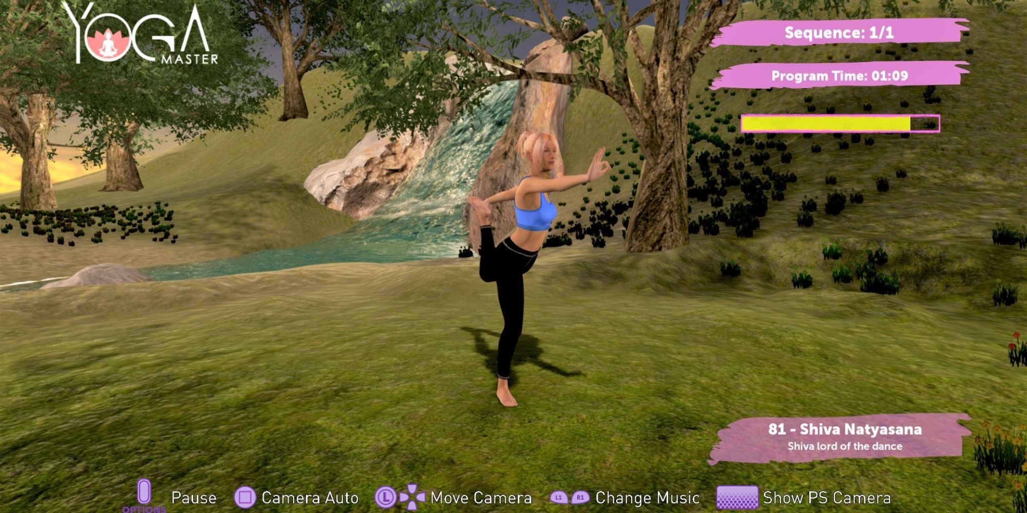 Yoga Master gameplay with instructor in a pose in a forest