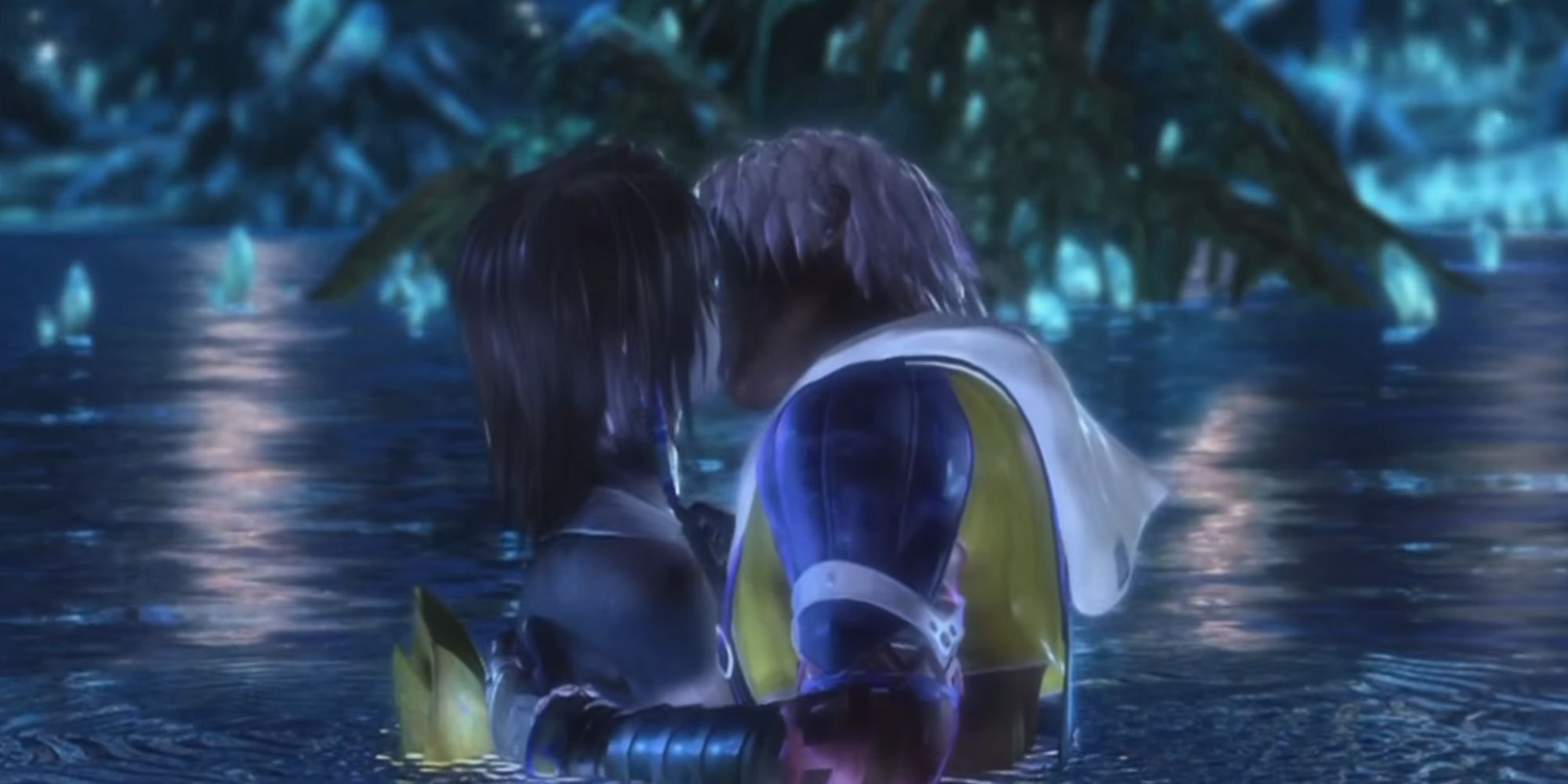 Yuna and Tidus as they kiss in Final Fantasy X