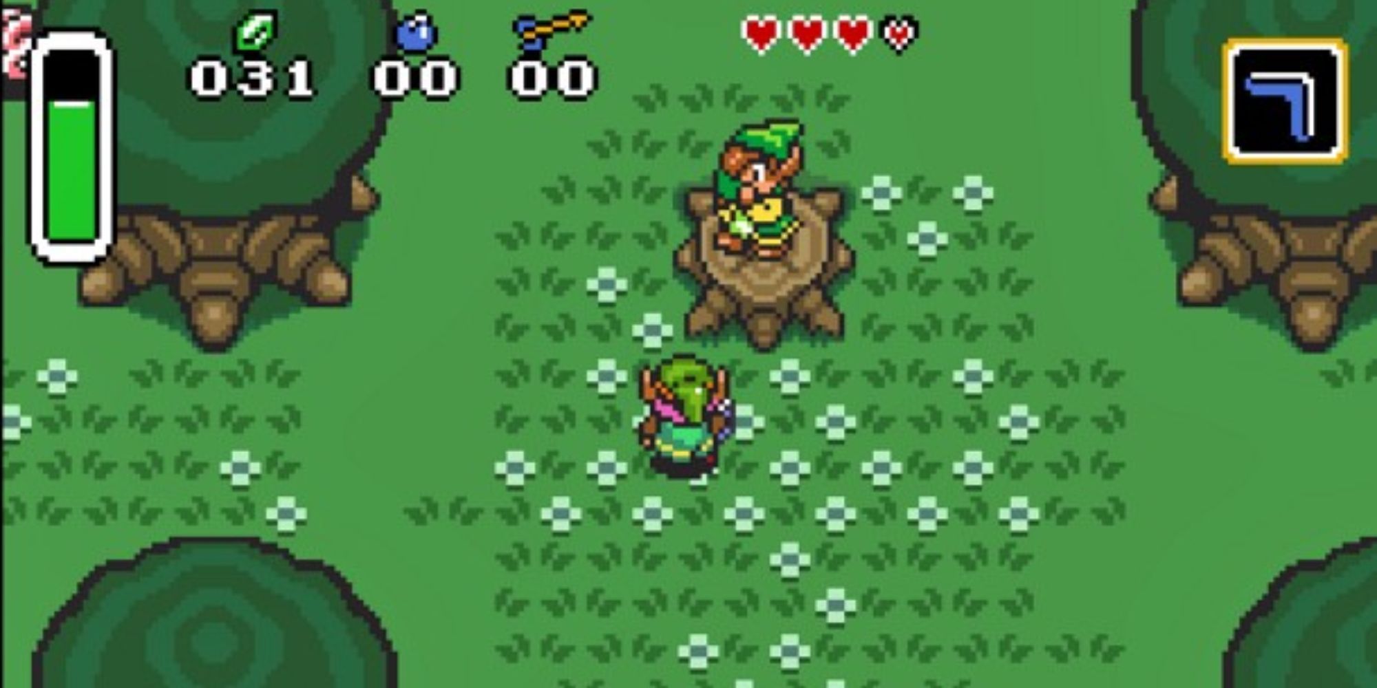 Link Standing By Flute Boy On Tree Stump In Woods
