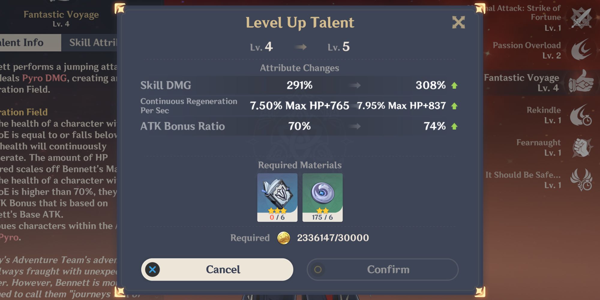 Genshin Impact: Bennett's talent upgrade screen seen in the character menu when levelling talents