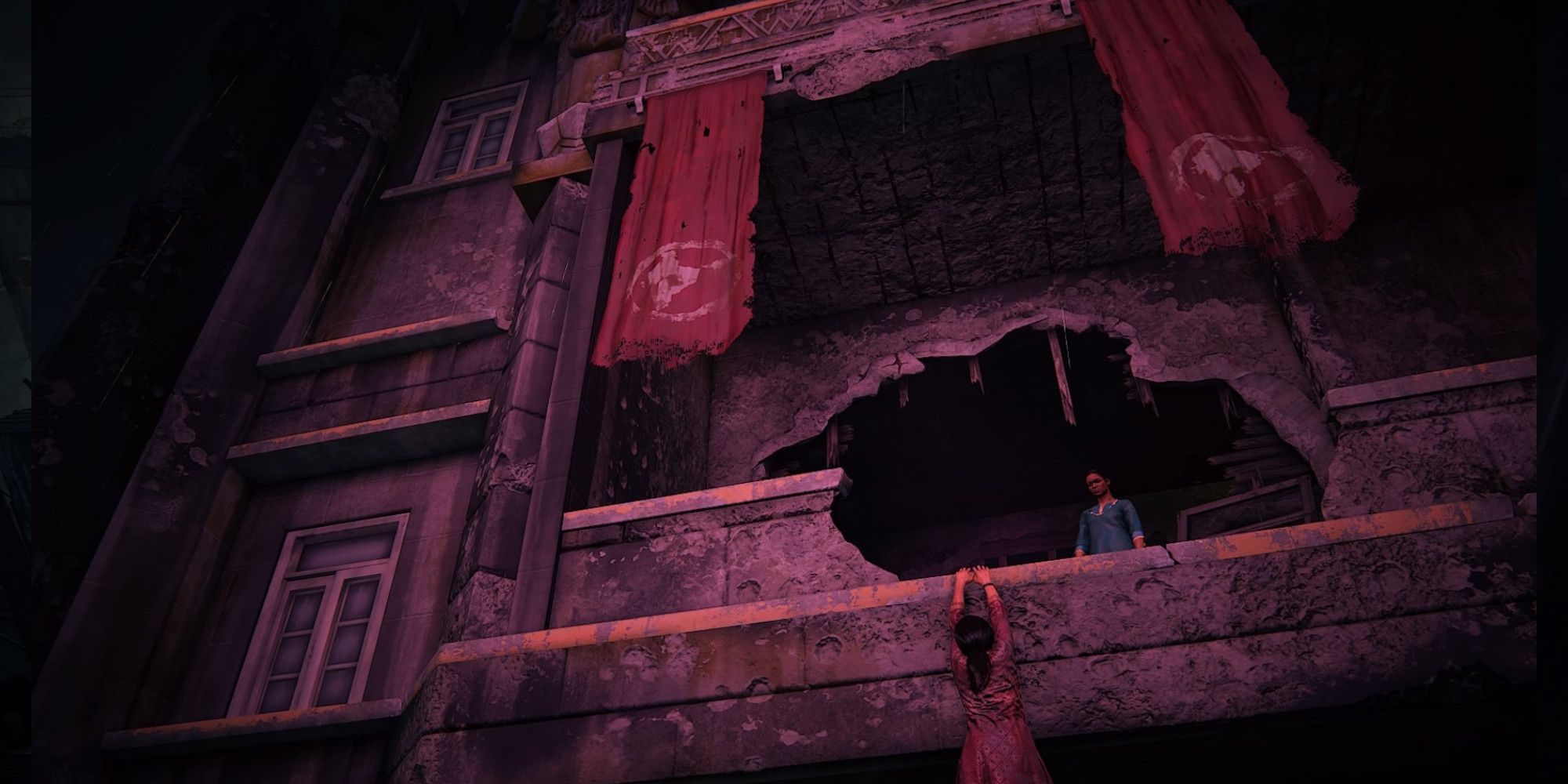 chloe clambers up the side of a building as the camera frames her path in uncharted lost legacy