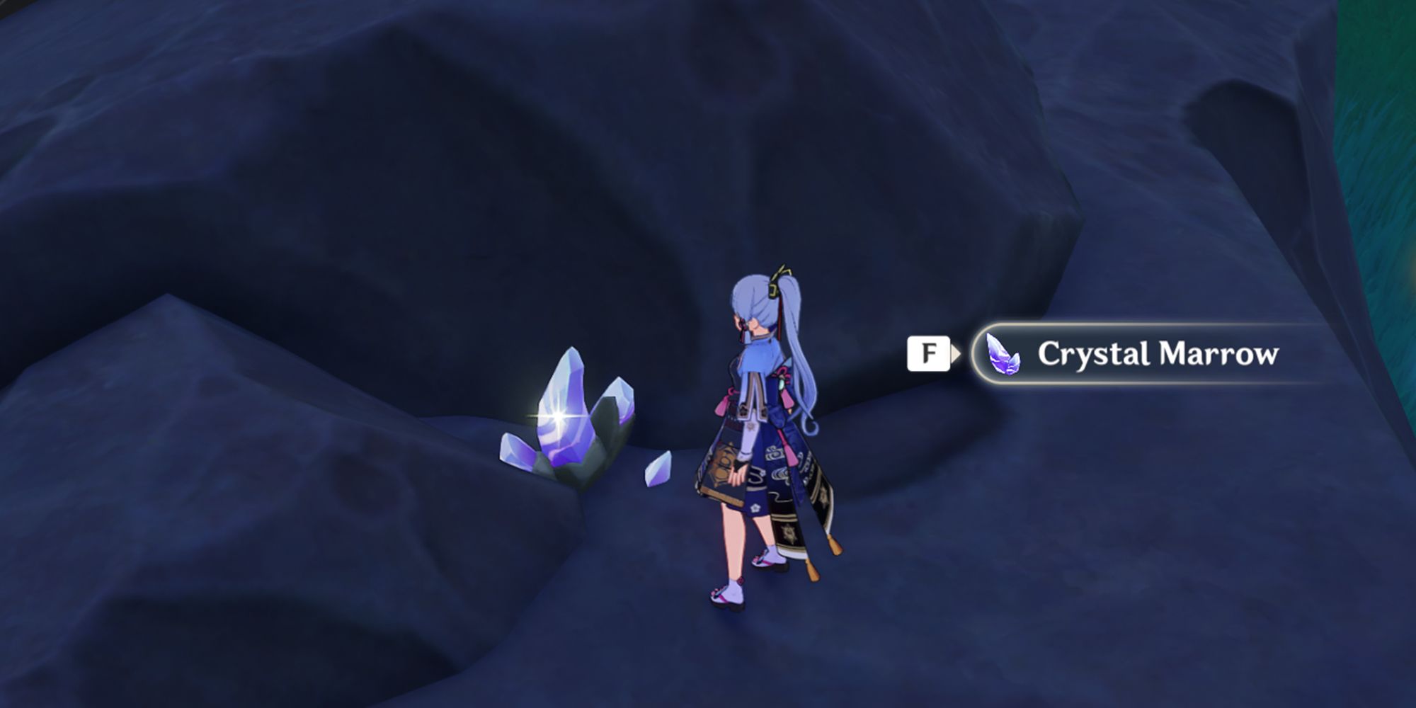 Ayaka gathering crystal marrow on rocks