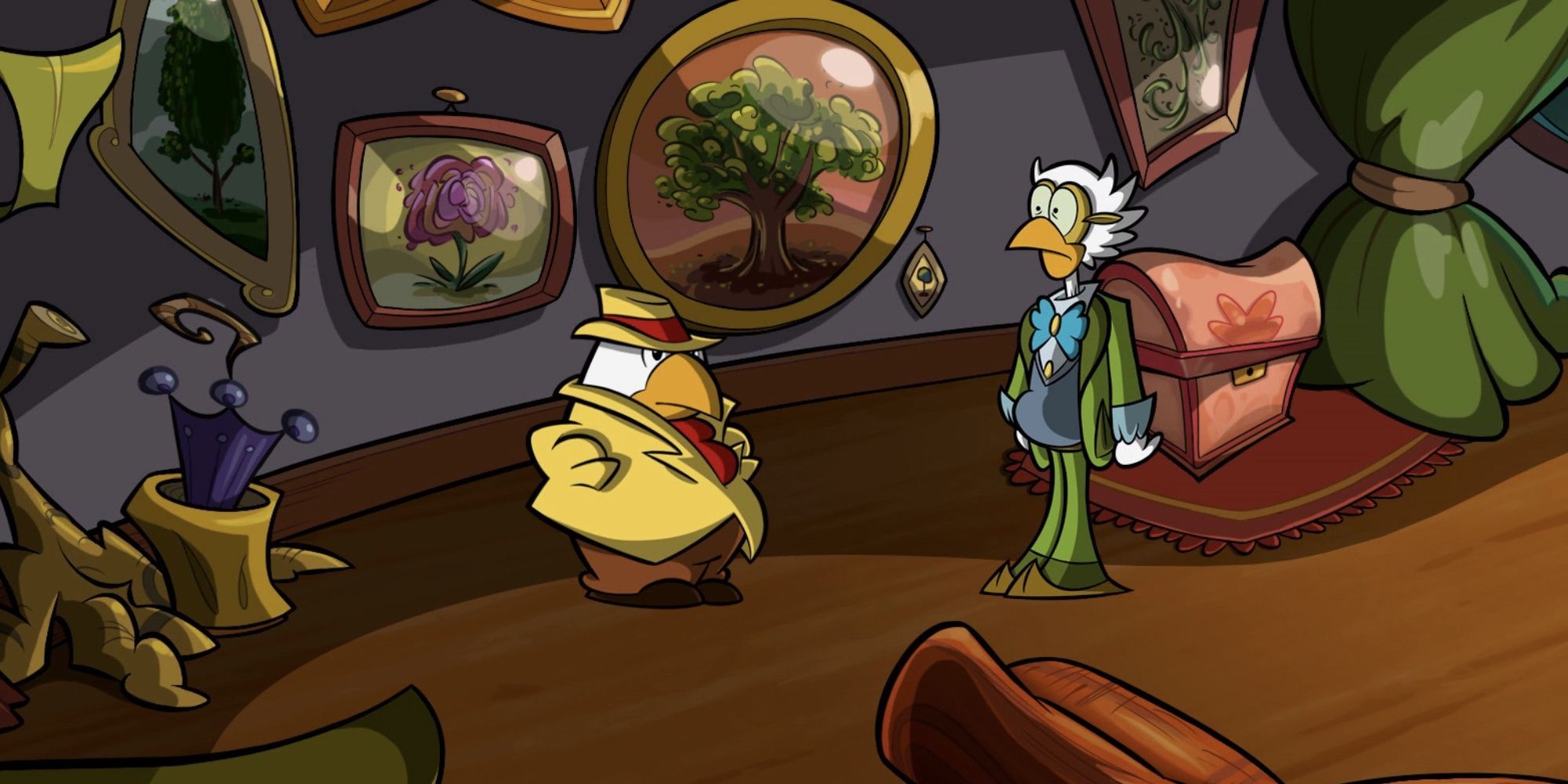 detective gallo game in a room filled with whimsical framed paintings with another characters in a green suit and glasses.