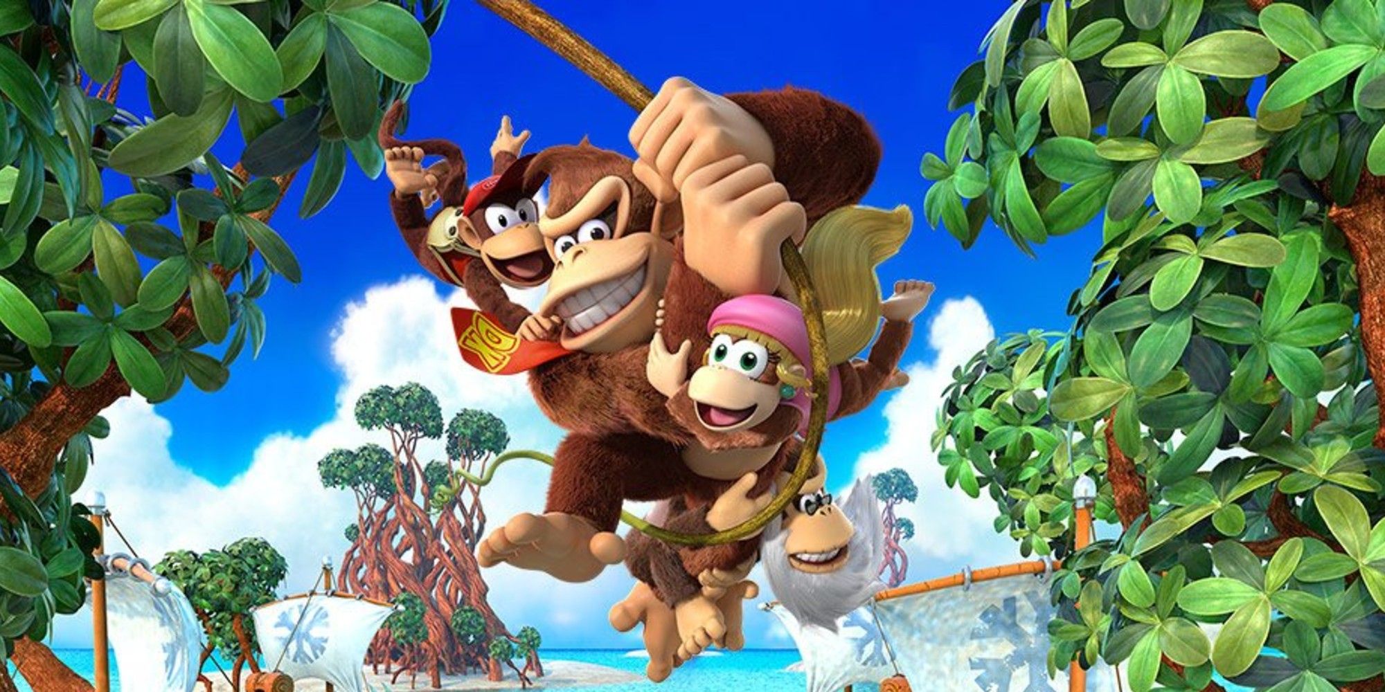 Donkey Kong Country Tropical Freeze - DK, Diddy, Dixie, And Cranky Swinging On A Vine