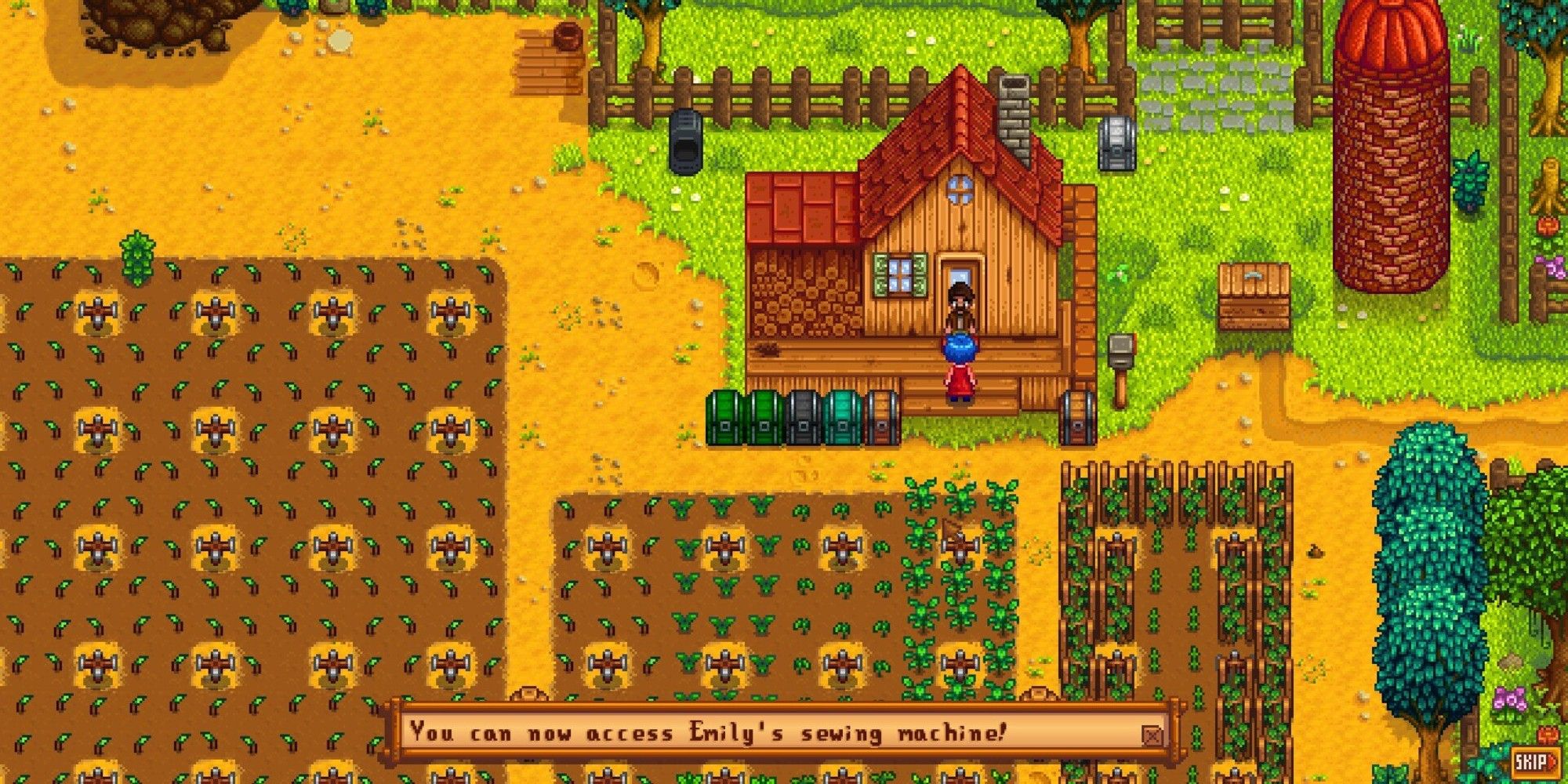 Stardew Valley-Spieler auf der Farm, während Emily auf der Veranda mit ihnen spricht