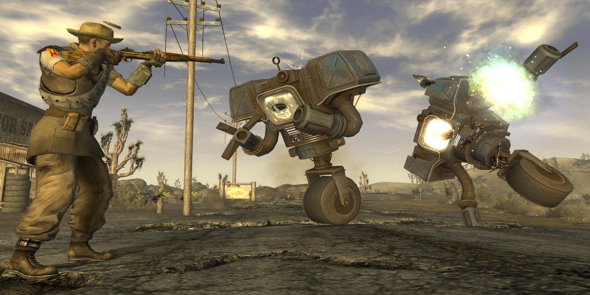 Robots being shot by the playable character in Fallout New Vegas