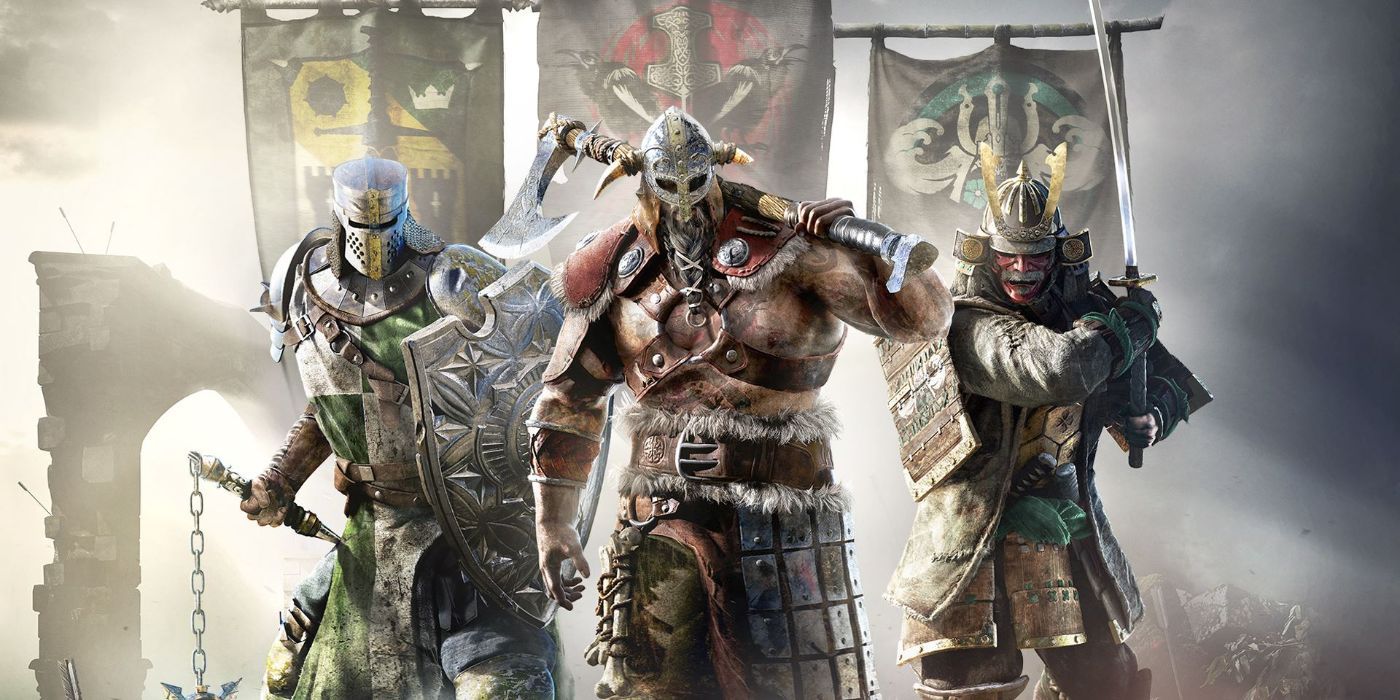 For Honor cover art featuring (from left to right) a conqueror, raider and kensei