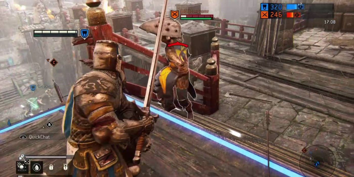 A warden is about to receive an upwards attack from a conqueror