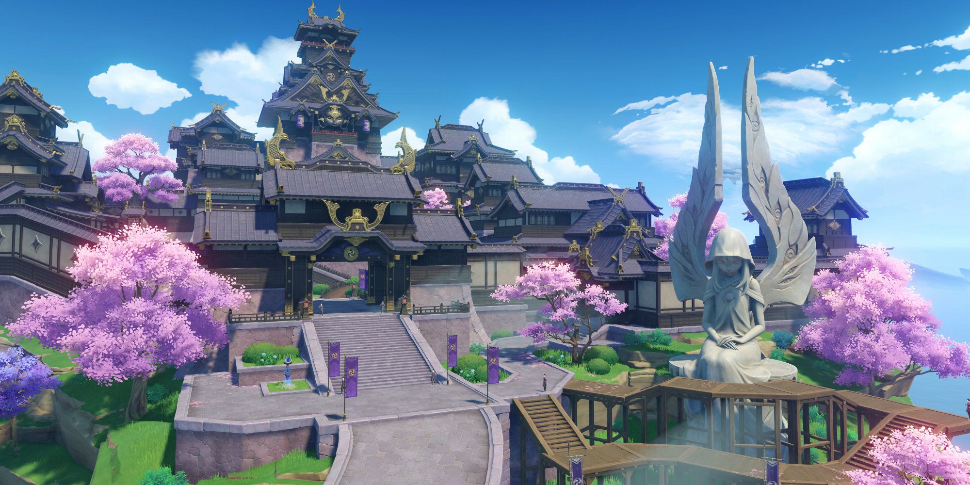 The Shogun's Palace during the daytime in Inazuma from Genshin Impact.
