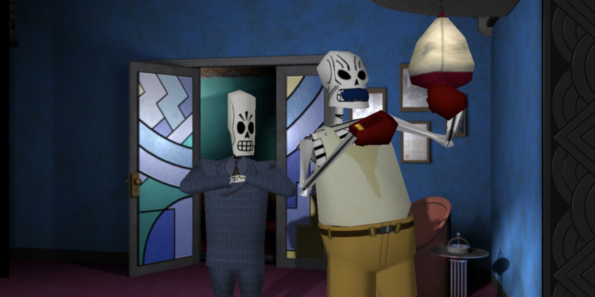 Grim Fandango's protagonists inspecting an object in a blue-painted room.