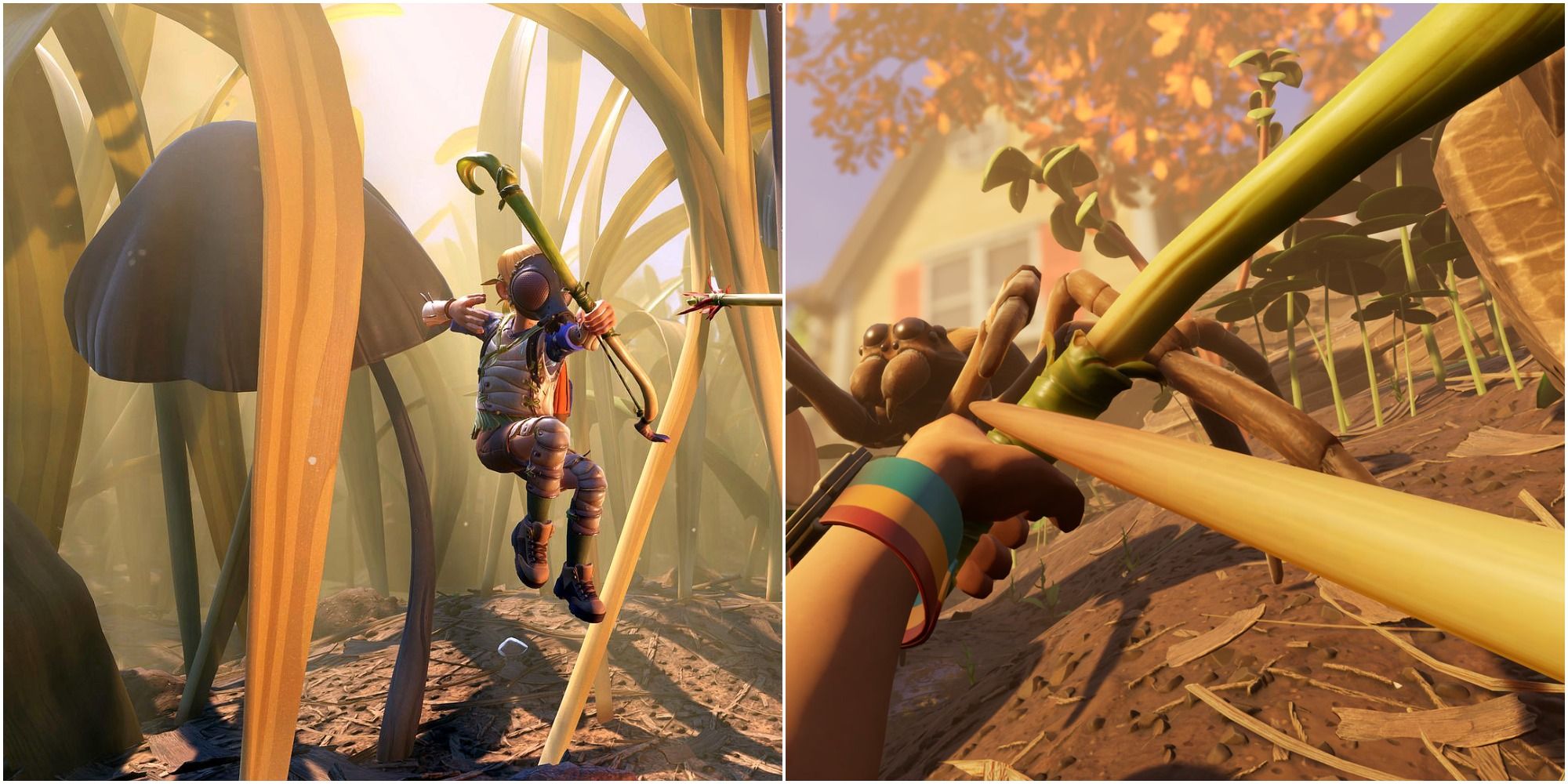 The Grounded characters firing their bow while jumping on the left and aiming at a spider on the right.