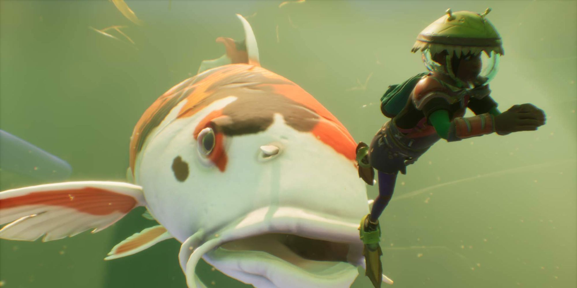 Max being chased underwater by a Koi Fish in Grounded.