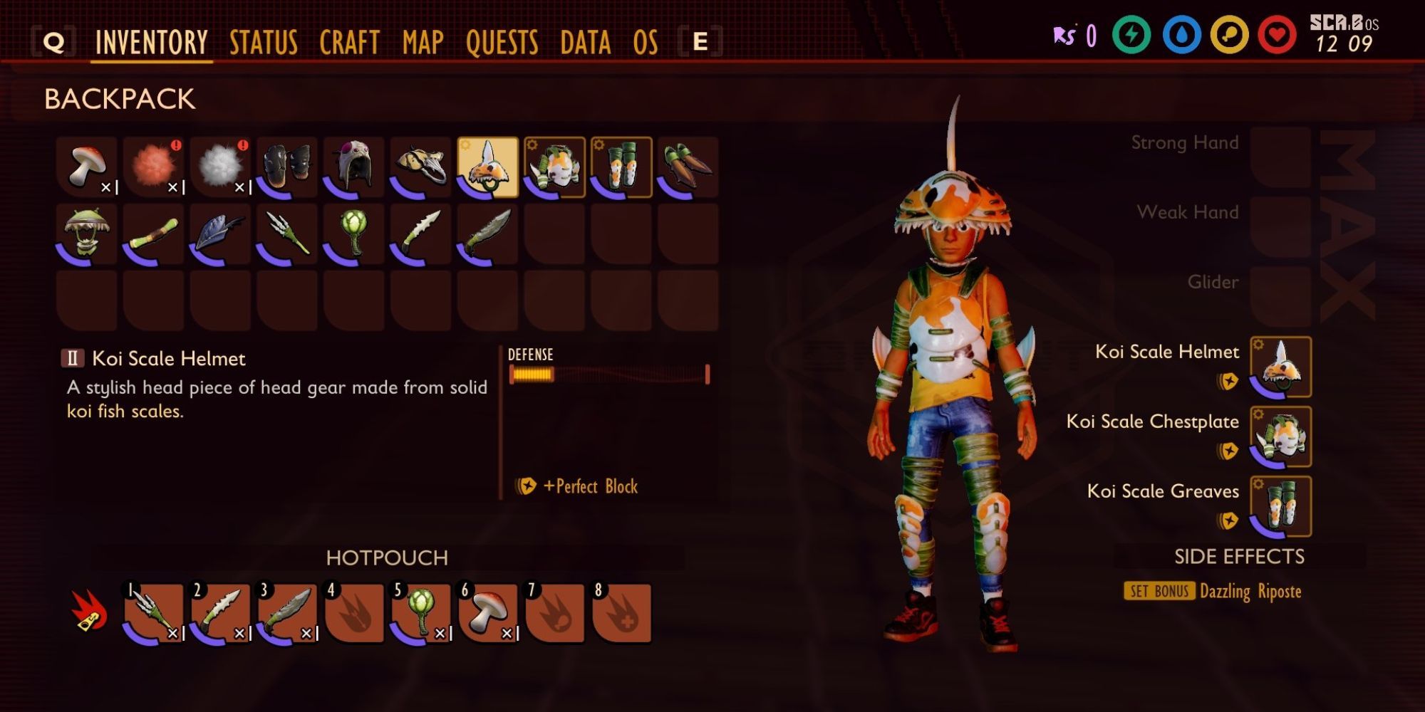 Koi Scale Armor displayed on Max in his inventory in Grounded.