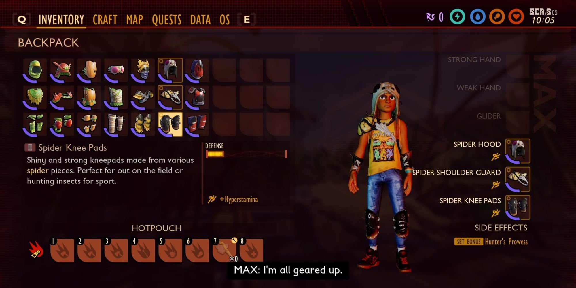 The Spider Armor Set displayed on Max in his inventory in Grounded.