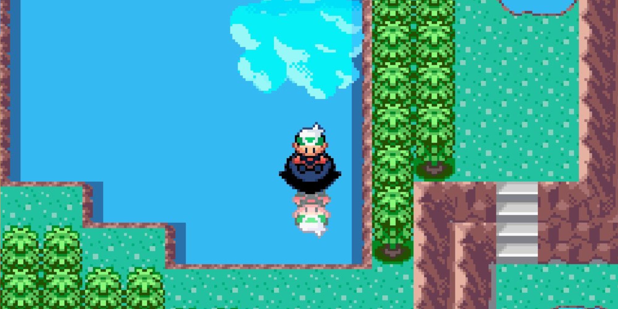 brendan surfs on a pokemon and looks at his reflection in the water as a cloud is also reflected overhead
