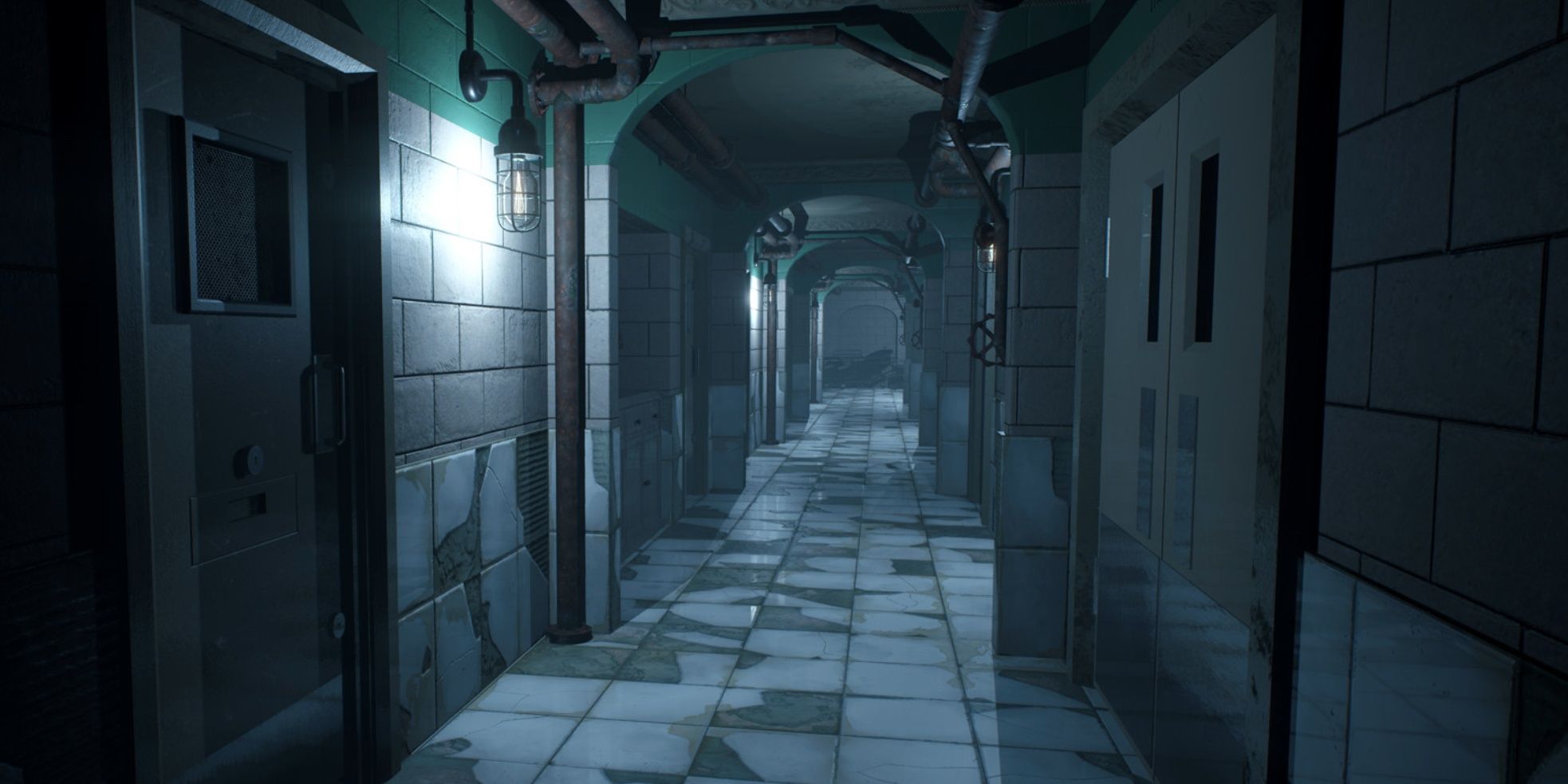 Infliction Extended Cut - A Dark Hallway With Decaying Floor Tiles