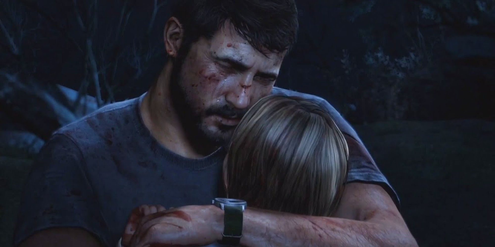 Joel and Sarah from The Last Of Us in an embrace.