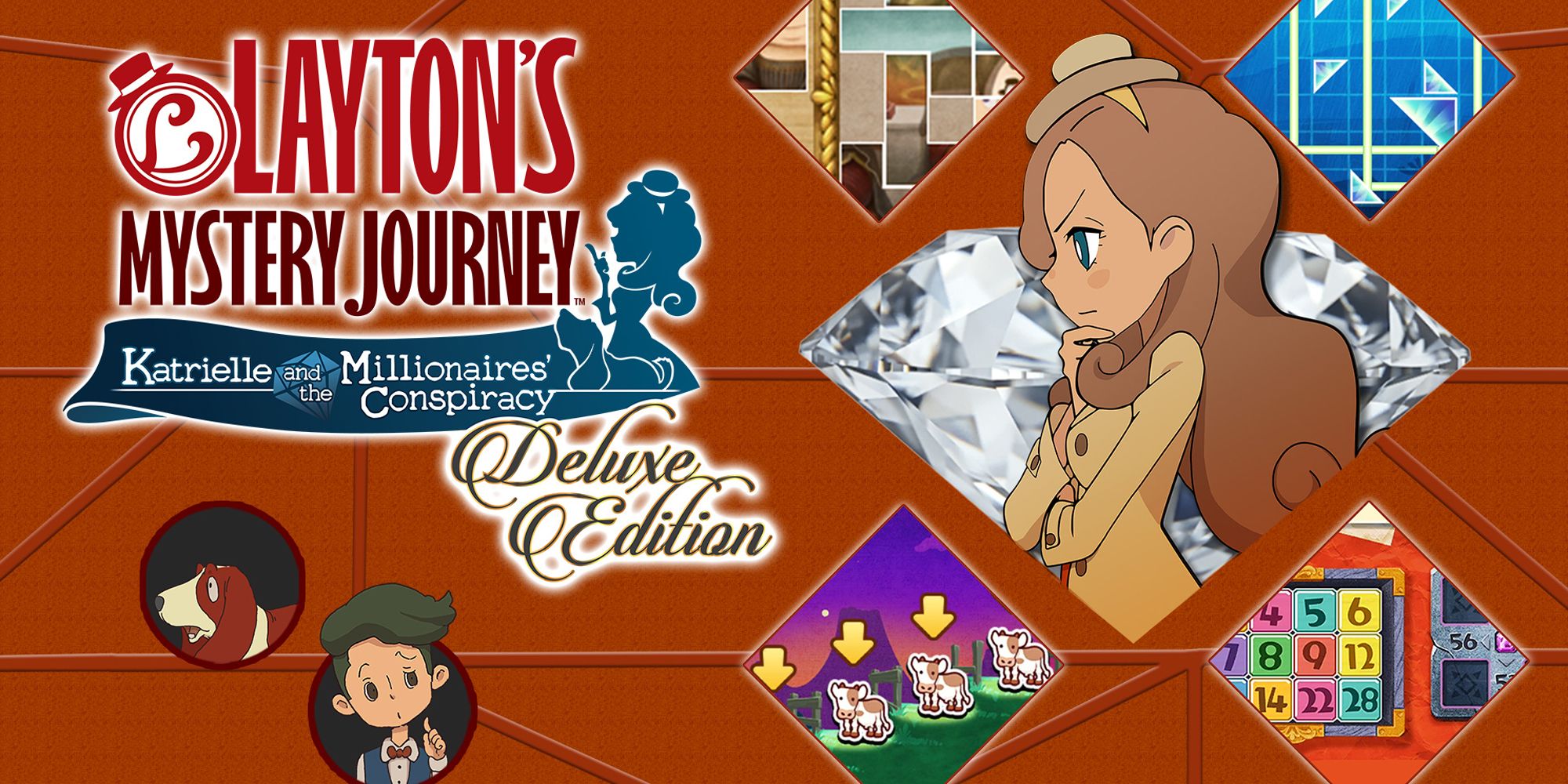 Promotional art for Layton's Mystery Journey, showing Katrielle and scenes from the game. 