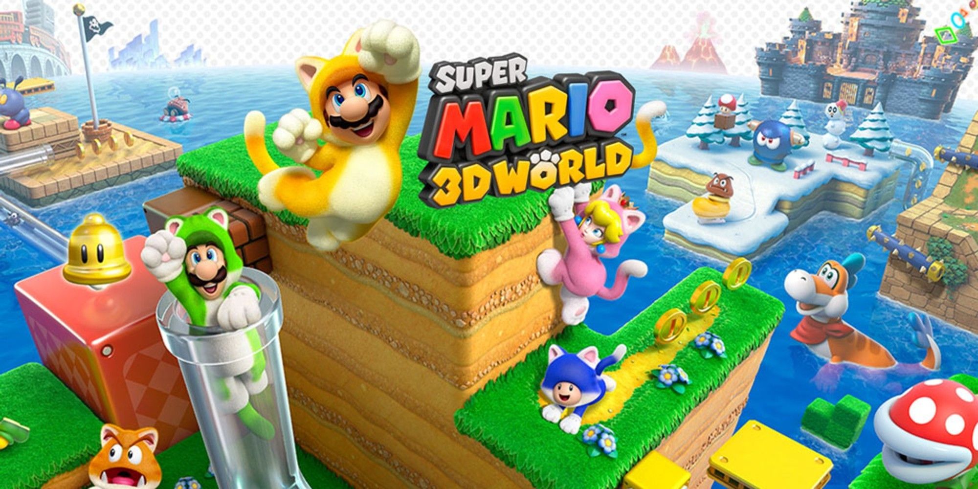 Promotional art for Super Mario 3D World, showing the main characters in different costumes on a backdrop of a level