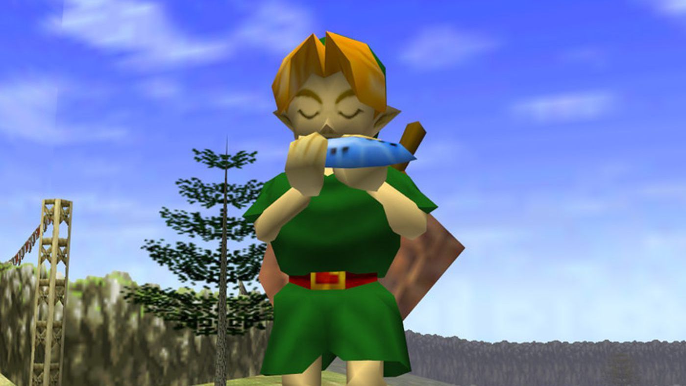 Link is standing playing the Ocarina