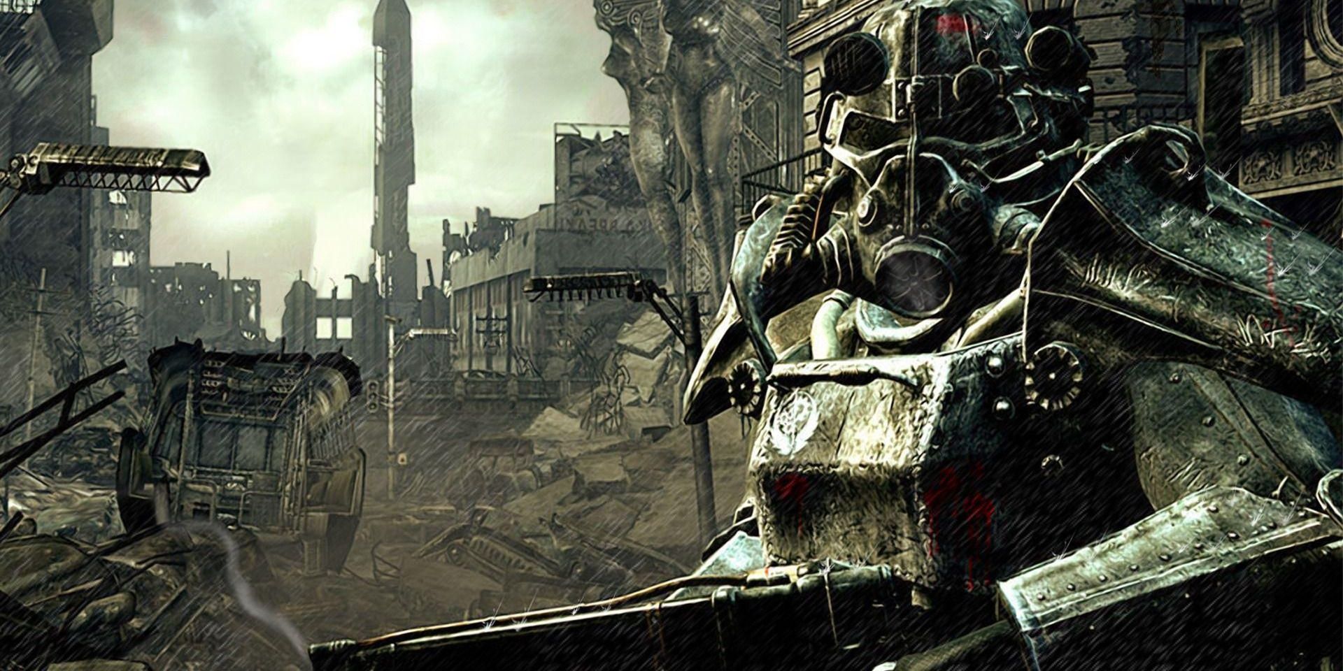 A man in power armor stands among the rubble of Washington in Fallout 3