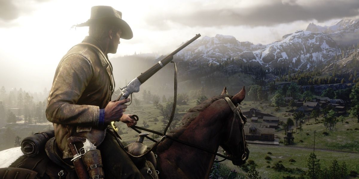 Arthur Morgan rides a horse overlooking the countryside in Red Dead Redemption 2