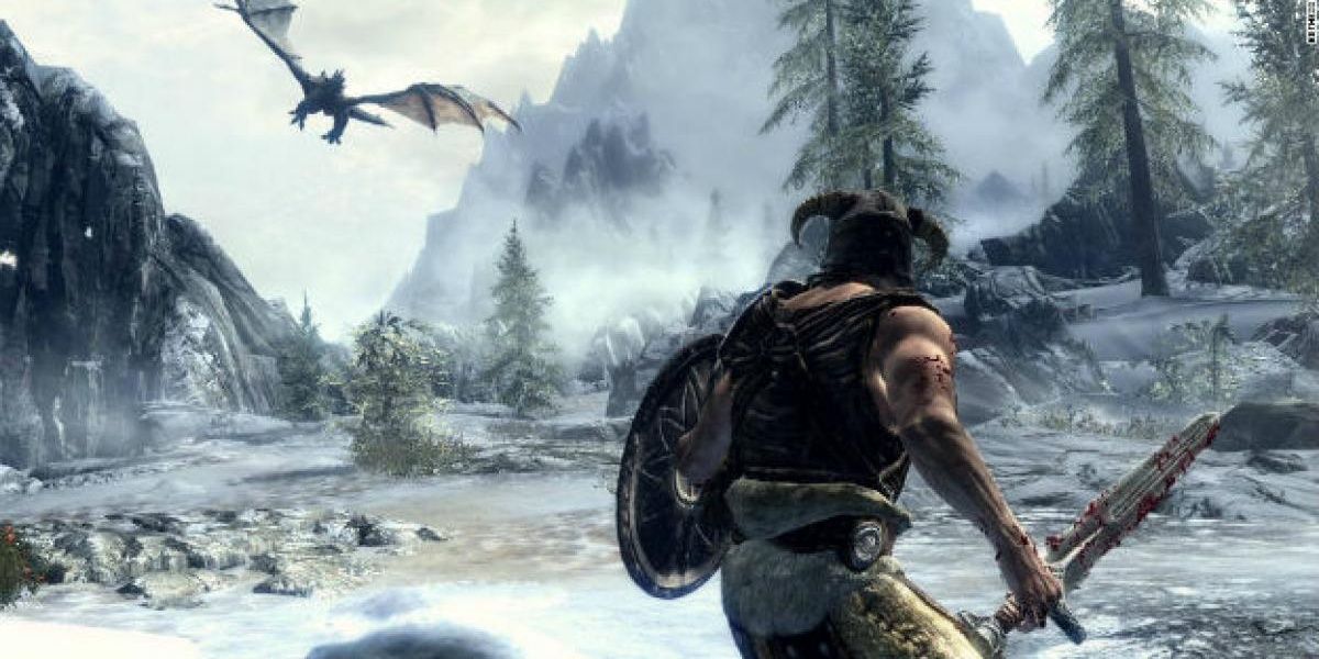 The Dragonborn stands ready to fight a flying dragon in Skyrim