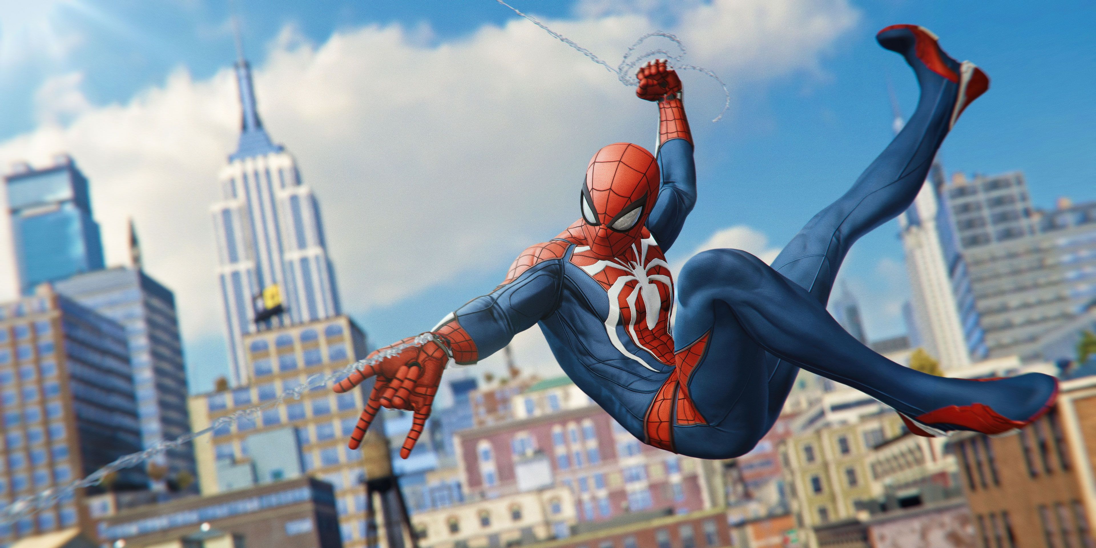 Spider-Man swinging from web and shooting another web, New York in background