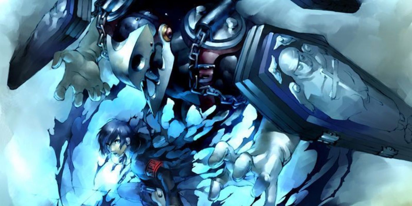 Persona 3 artwork of Minato (bottom) summoning the persona Thanatos
