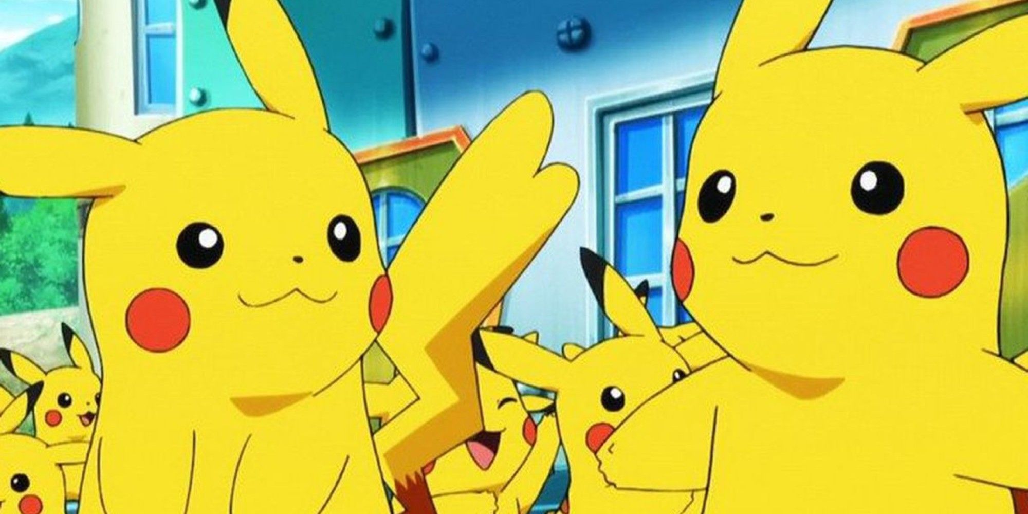 A Bunch of Pikachu in front of a building in the Pokemon anime.
