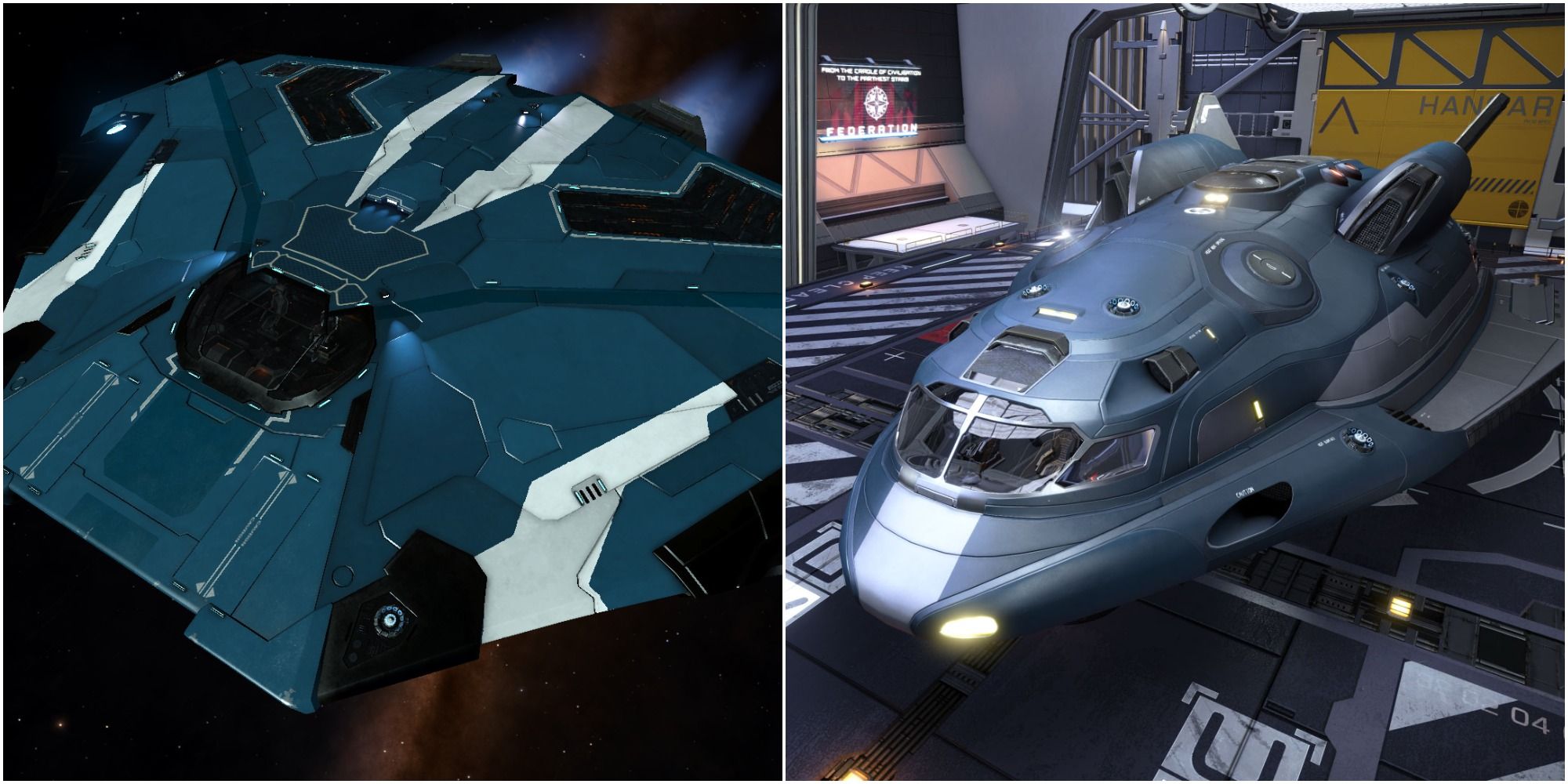 elite dangerous adder and cobra mark 3 in a hangar