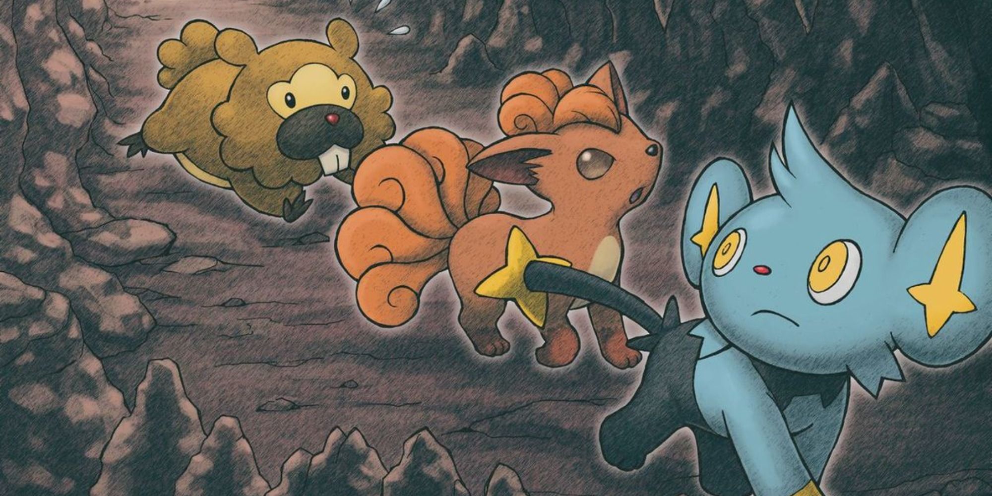 Shinx, Vulpix, and Bidoof explore a cave together in Pokemon Mystery Dungeon: Explorers of Sky.