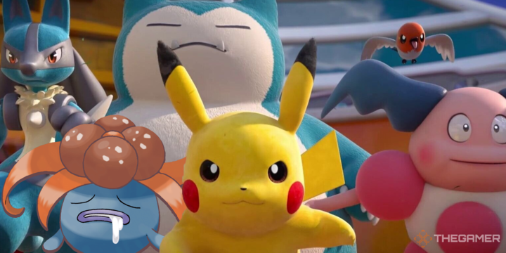 pokemon unite - pikachu, gloom, lucario, snorlax, and mr. mine in a team photo