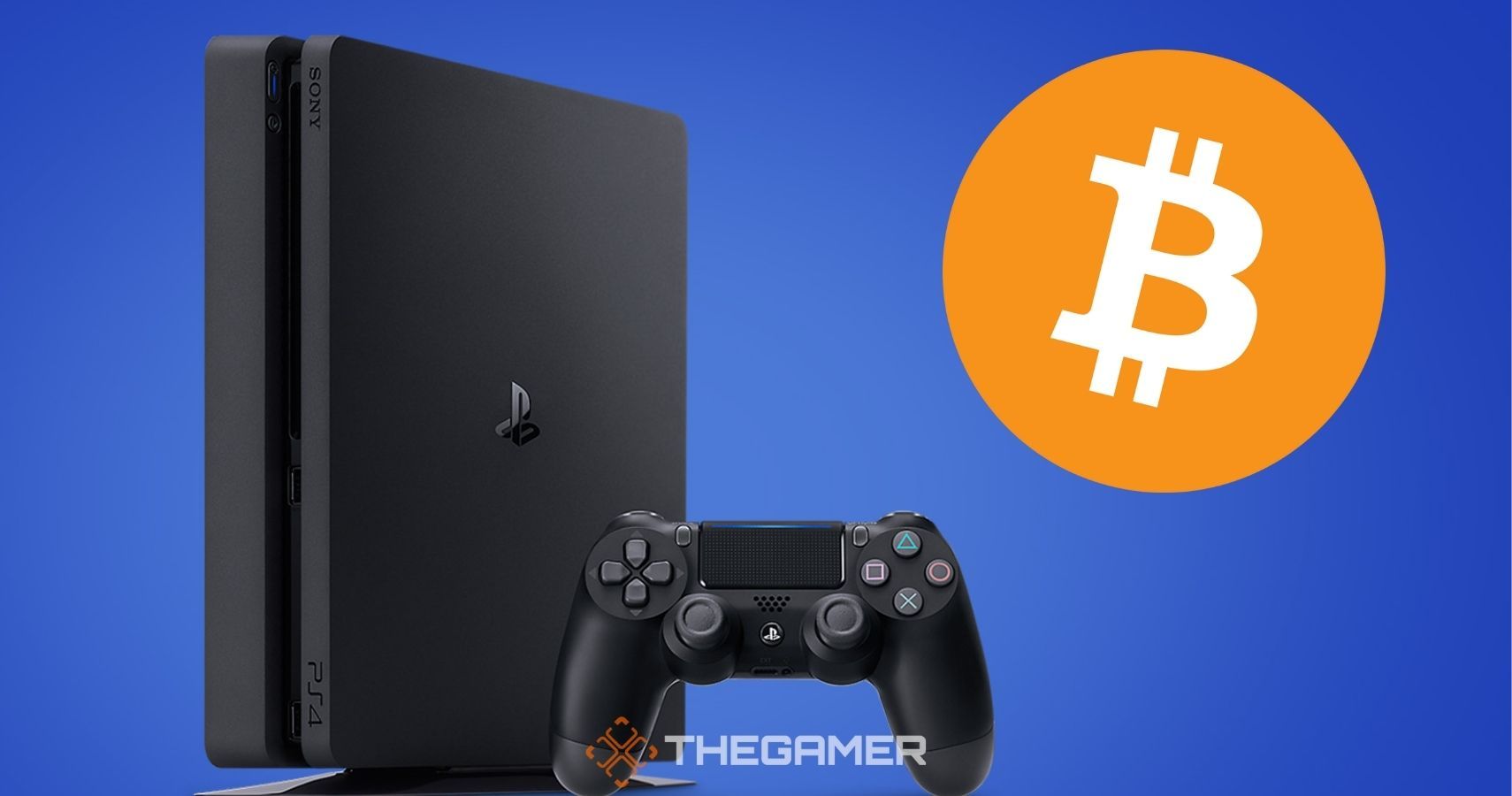 a black ps4 console on a blue background. there's a bitcoin logo next to it, which is an orange circle with a B in the middle.