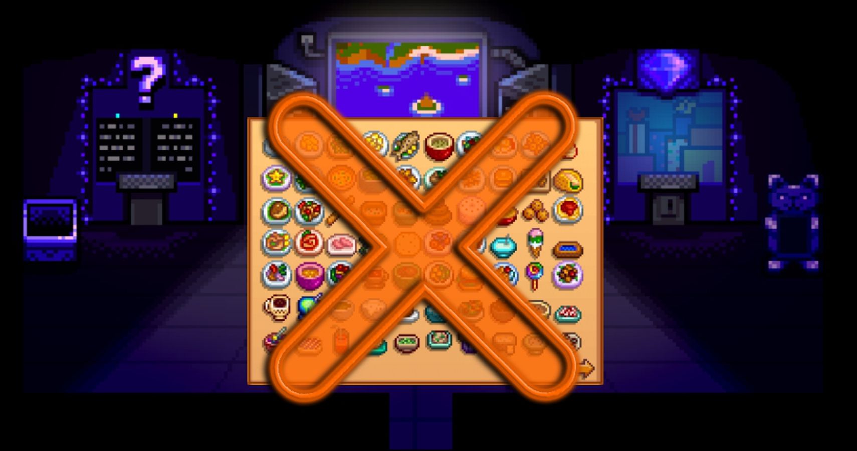 a big orange X over the recipe menu of stardew valley in front of QI's room