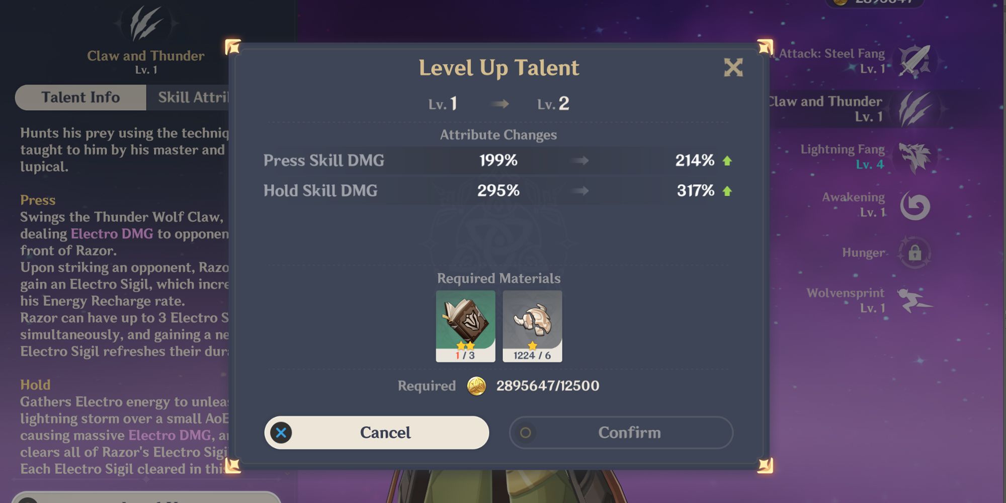 Razor Talent Materials and level up menu