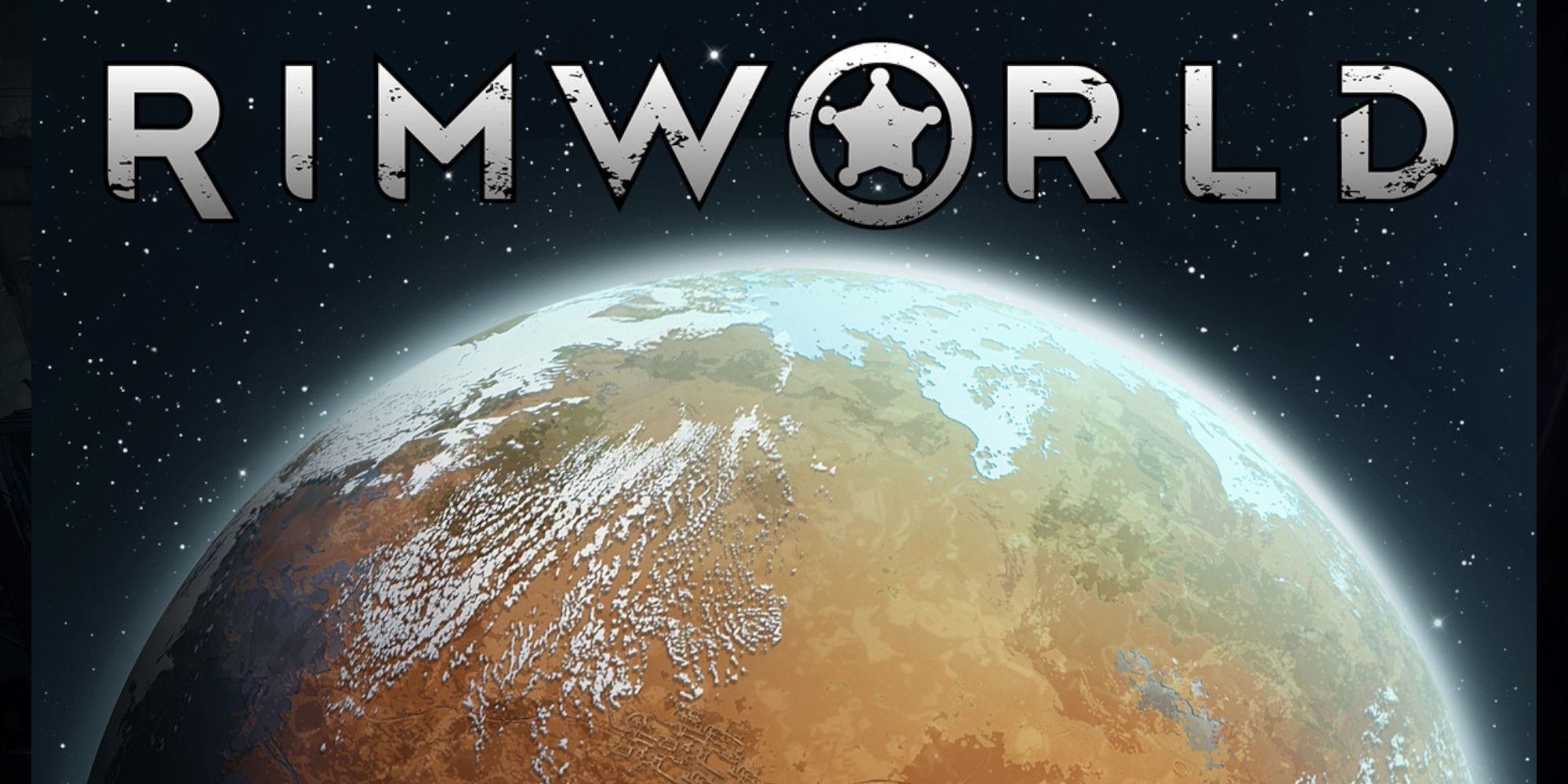the rimworld logo, a desert planet with the rimworld name above it