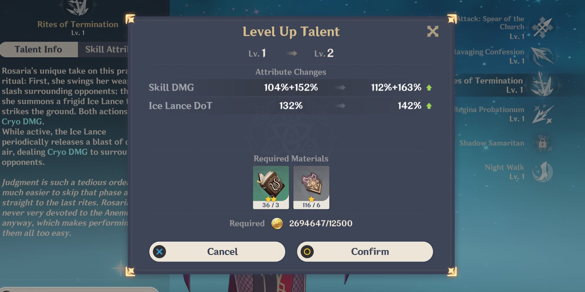Rosaria talent upgrade screen