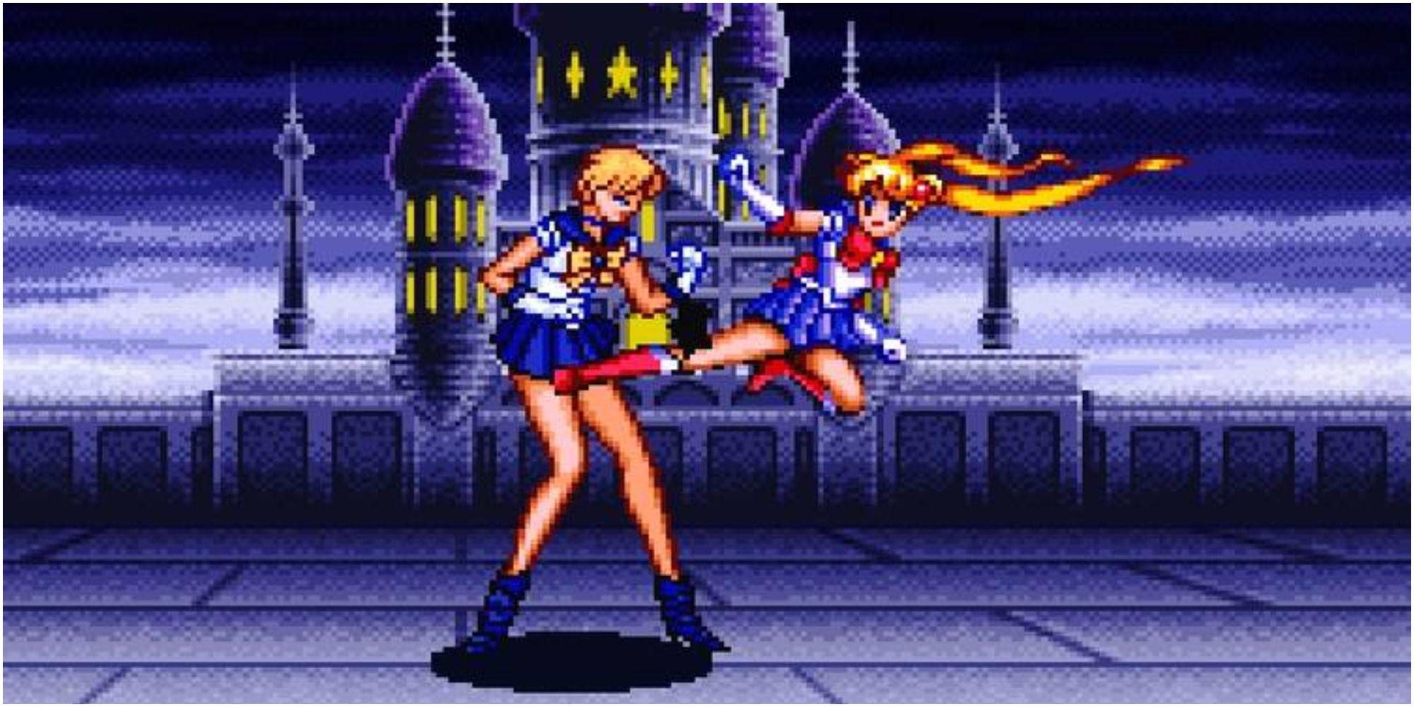 sailor moon s snes character on left getting kicked by character on right