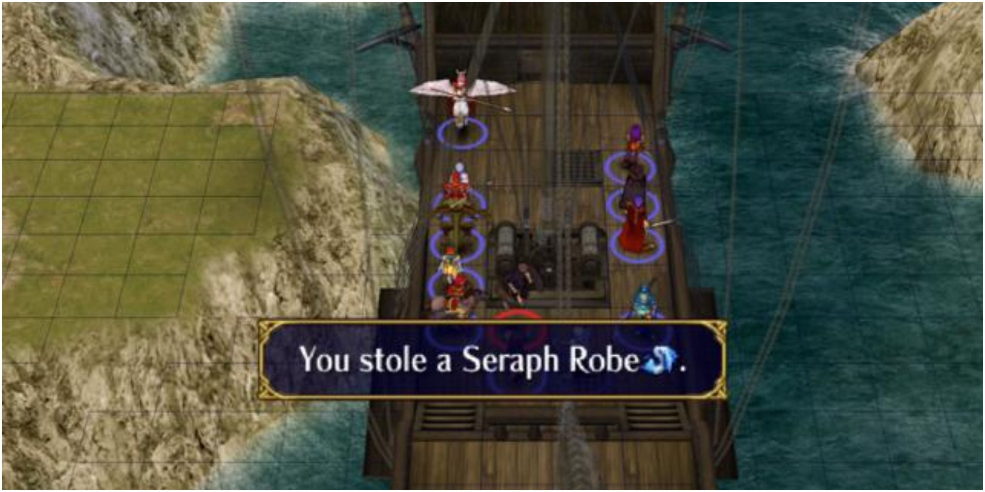 seraph robe fire emblem screenshot on boat by rocks