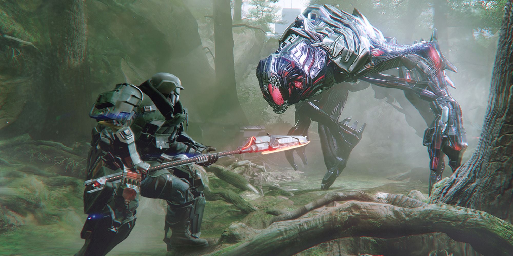 player's character fighting a boss in a forest environment using the spear in the surge 2