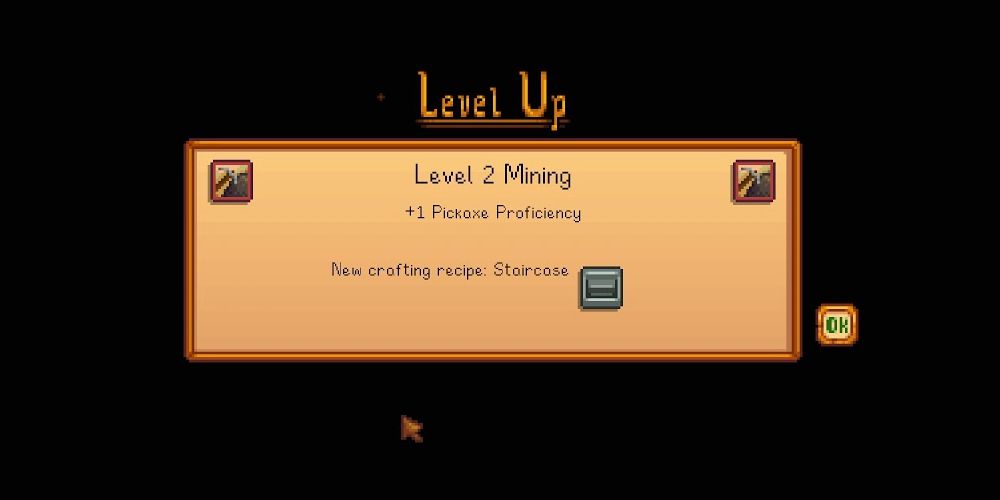getting the mining level up screen and learning the staircase recipe