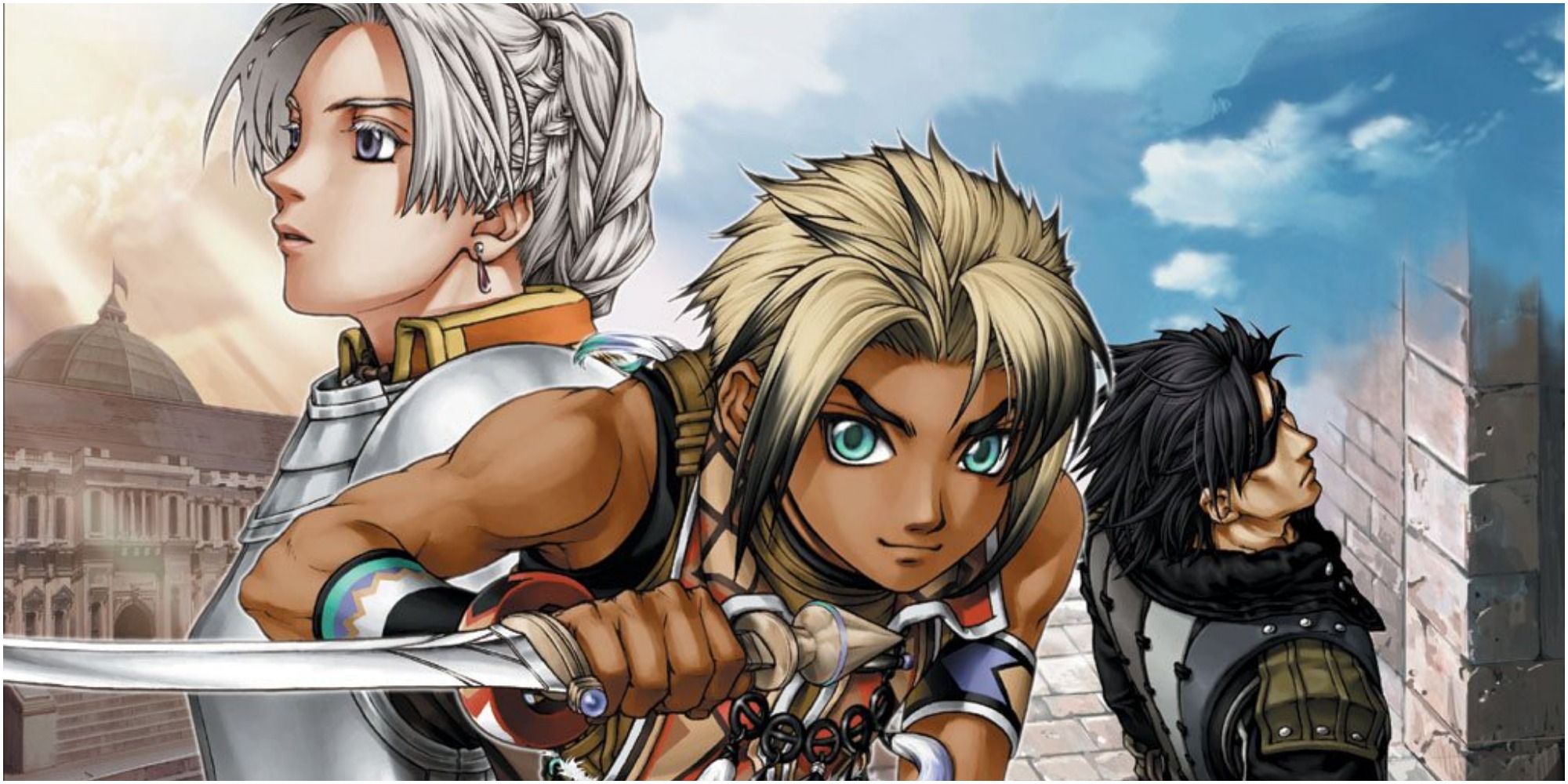 Suikoden 3 protagonists Chris, Hugo and Geddoe