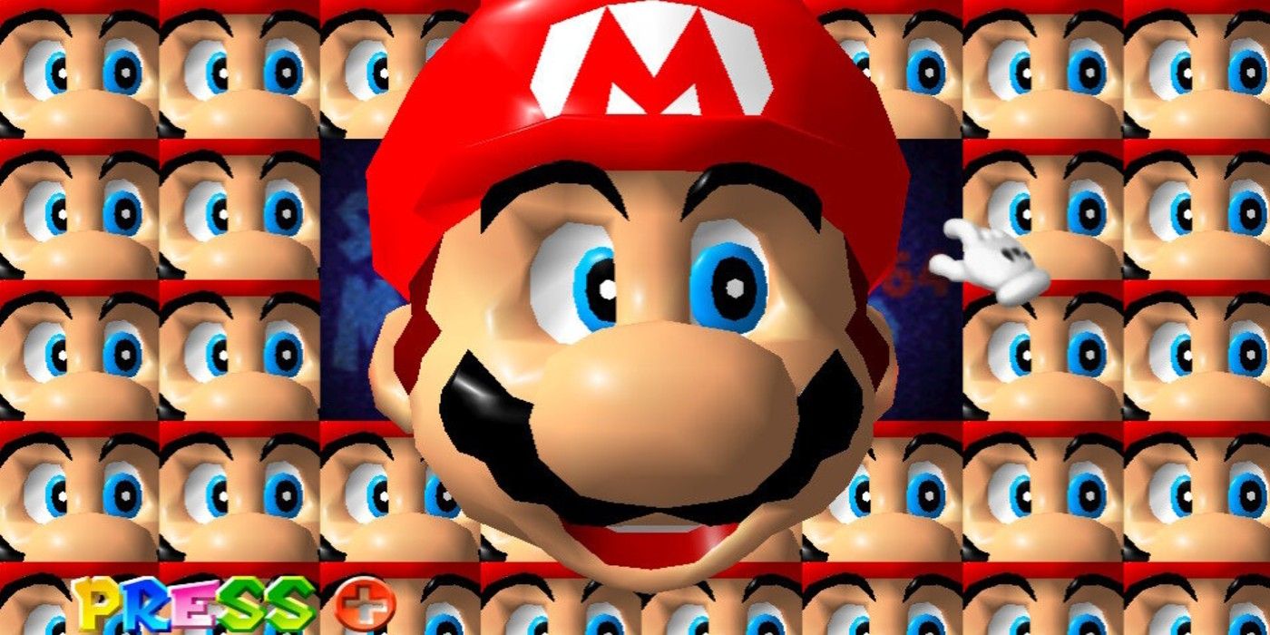 super Mario 64 Title Screen Mario many faces with hand cursor